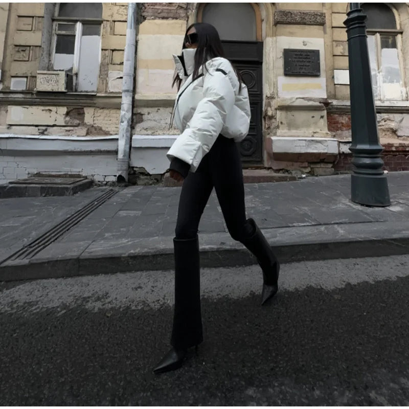 Street Thicken Cotton Women Short Coat Long Sleeve Zippers Pocket Pocket Stand Female