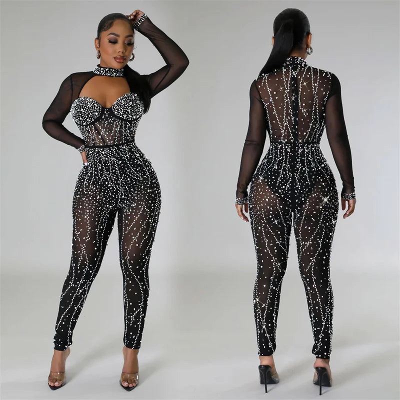 Luxury Autumn Women Skinny Diamonds Sparkly Sheer Mesh Jumpsuits Cut Out Rhinestone Black Sexy Party Evening Jumpsuit Rompers