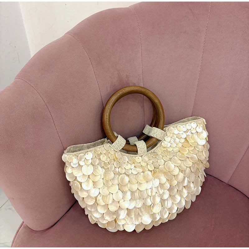 Handmade Shell Embroidery Woven Tote Bag – Luxury Straw Bucket Handbag with Wooden Handle