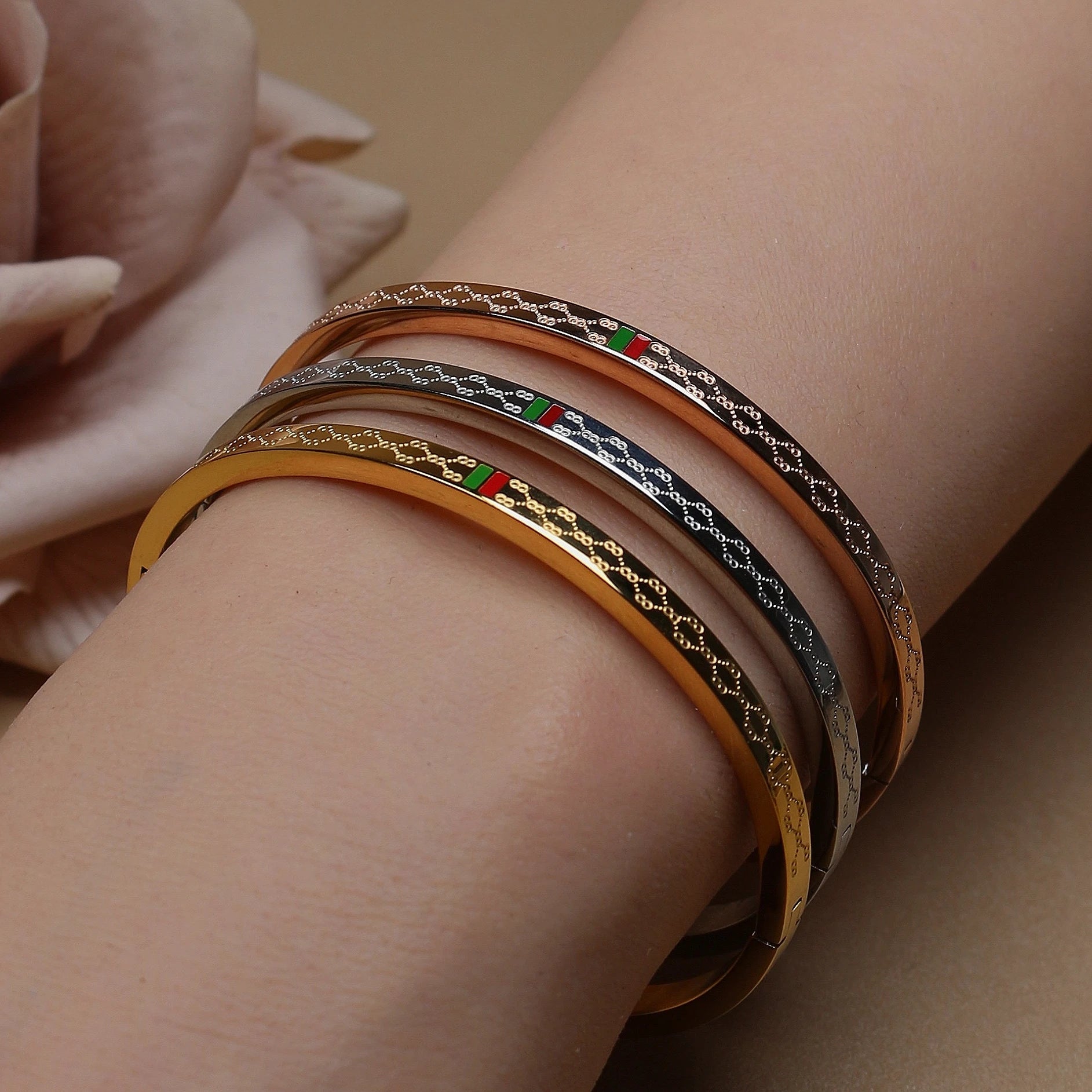 18K Gold Plated Unisex Bangles with Red/Green Accents