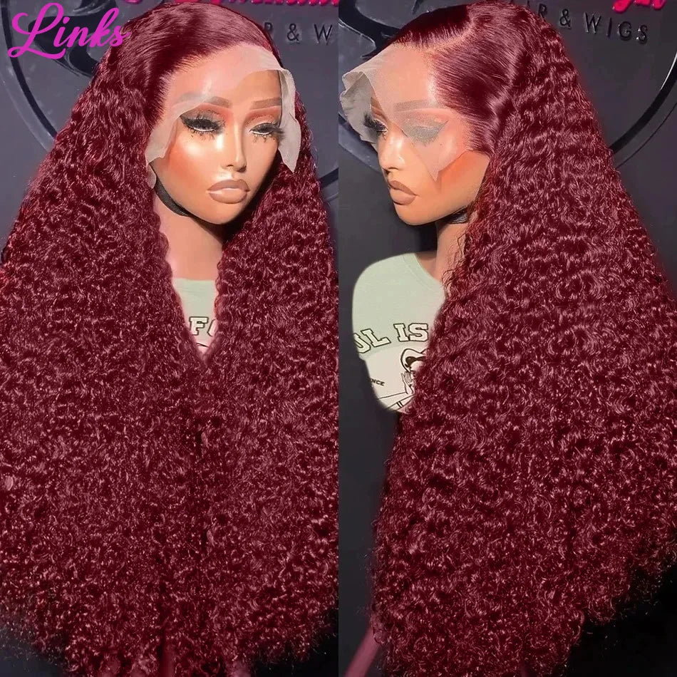 40 Inch 99J Burgundy Deep Wave 13x6 HD Lace Front Wig 250% Red Colored Curly 13x4 Lace Frontal Human Hair Wigs For Women