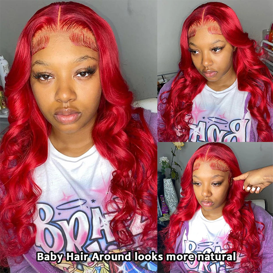 13x4 Hot Red Lace Front Human Hair Wigs Body Wave Burgundy Red Colored Transparent Lace Front Wigs Human Hair Remy 200% Density