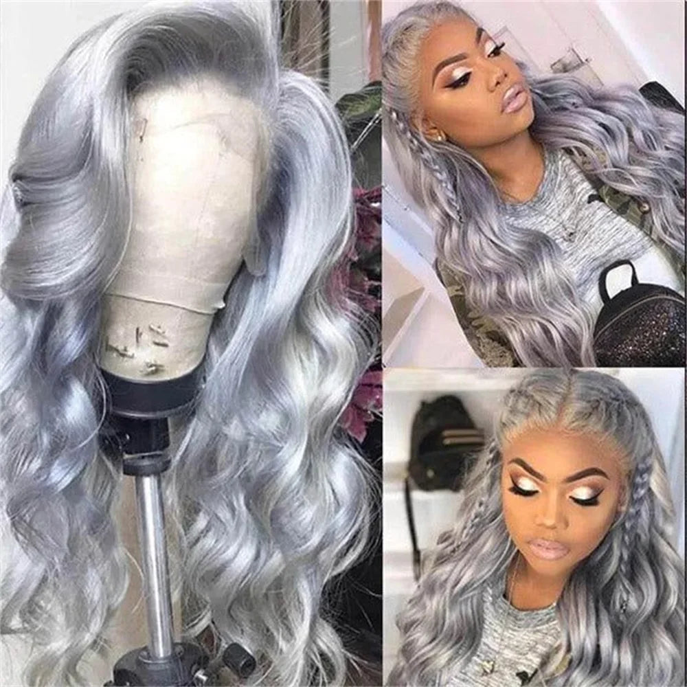 Silver Grey Body Wave Lace Front Wig 13x4 HD Lace Frontal Human Hair Wigs Transparent 100% Brazilian Hair Colored Wigs For Women
