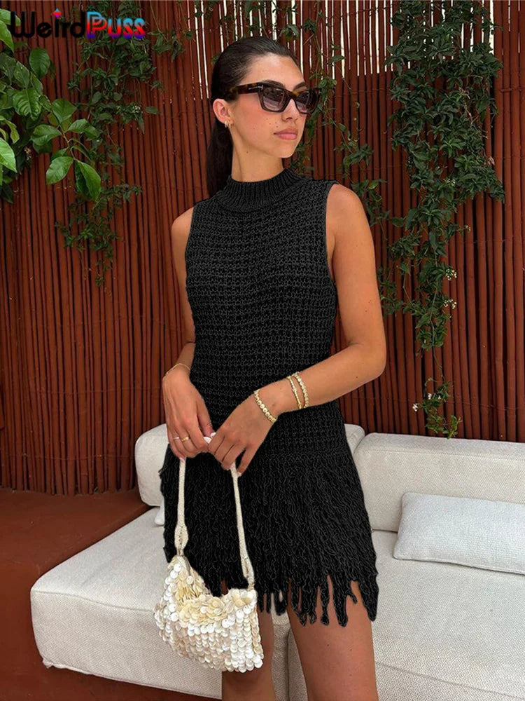 Weird Puss Crochet Dress Women Sexy Chic Y2K Summer Trend Tassel Hem Sleeveless Stretch Fashion Beach Vacation Clubwear Bodycon