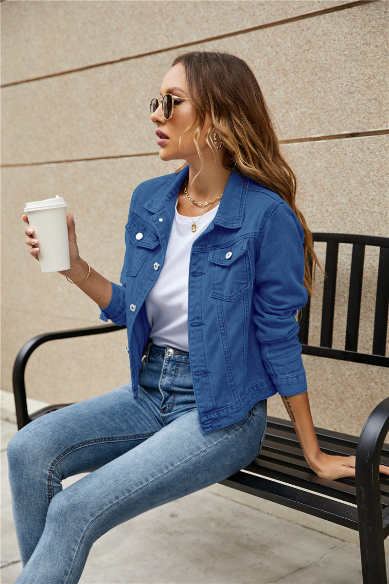Women's Denim Jackets Fashion Female Casual Long Sleeve Lapel Solid