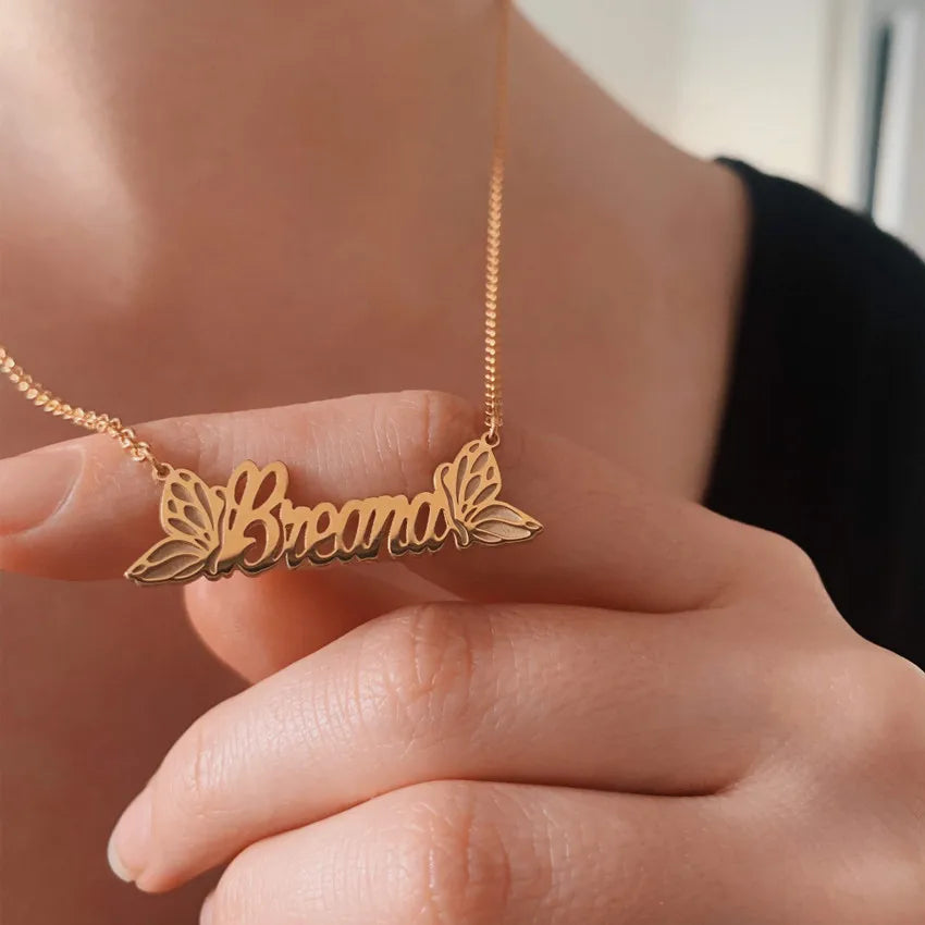 Personalized Butterfly Name Necklace Women Girl Custom Stainless Steel Nameplate Choker Necklaces Handmade Jewelry