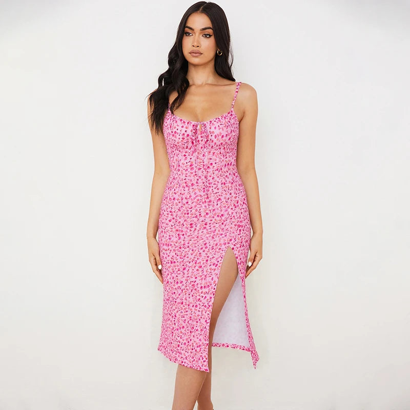 Hugcitar 2025 Floral Satin Slip Maxi Dress – Sleeveless Ruched Bandage Cut Out Party Dress