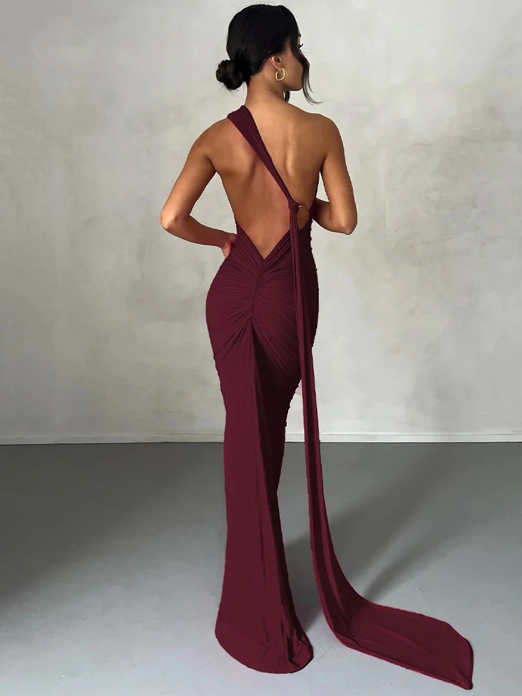 Dulzura Neon Y2K Clothes One Shoulder Sleeveless Backless Ruched Bodycon Maxi Dresses For Women Club Birthday Party Evening Prom