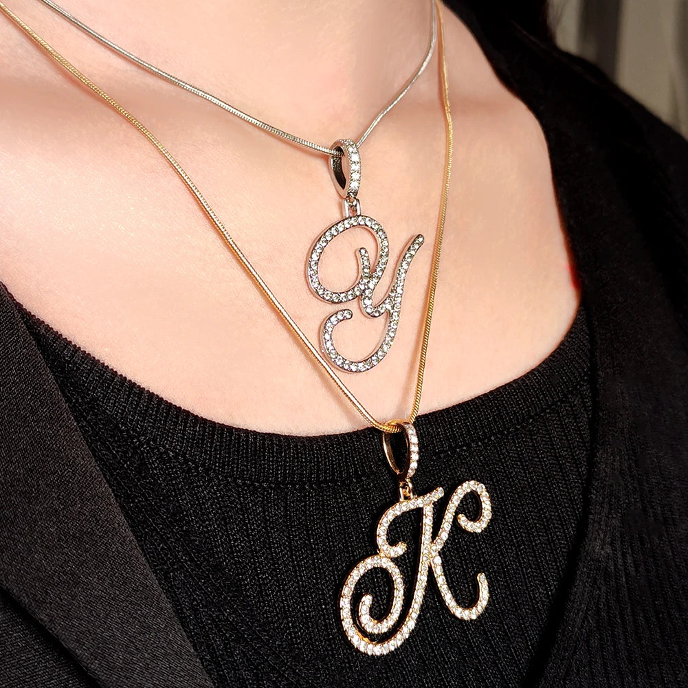 Flatfoosie New A-Z Cursive Initial Letter Name Pendant Necklace For Women Simple Rope Chain Letter Necklace Fashion Jewelry