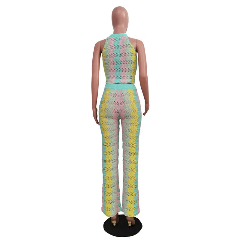 Women’s Knitted Striped 2-Piece Set – Sleeveless Crop Top & Flare Pants Summer Outfit