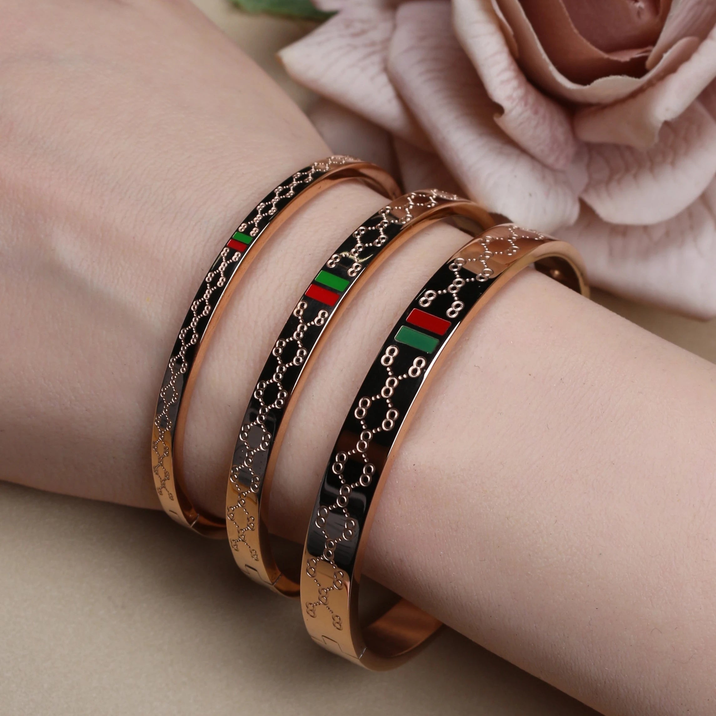 18K Gold Plated Unisex Bangles with Red/Green Accents