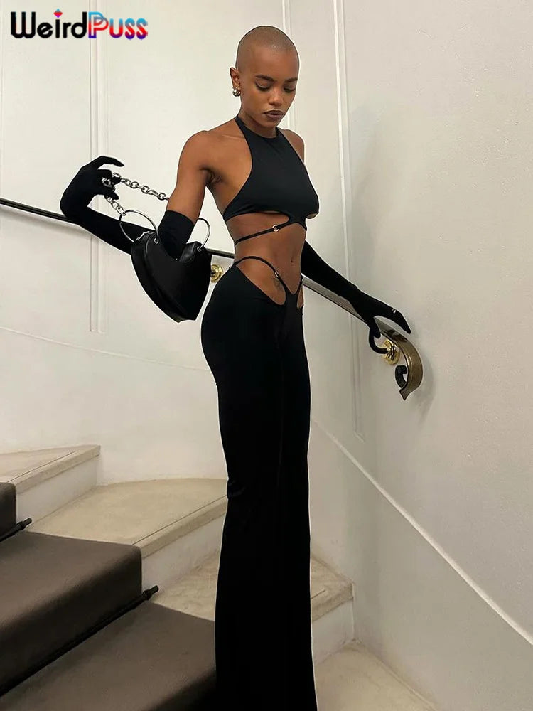 Weird Puss Hollow Straps 2 Piece Sets Woman Summer Sexy Solid Halter Backless Tops+Sequined Flared Pants Party Skinny Outfits
