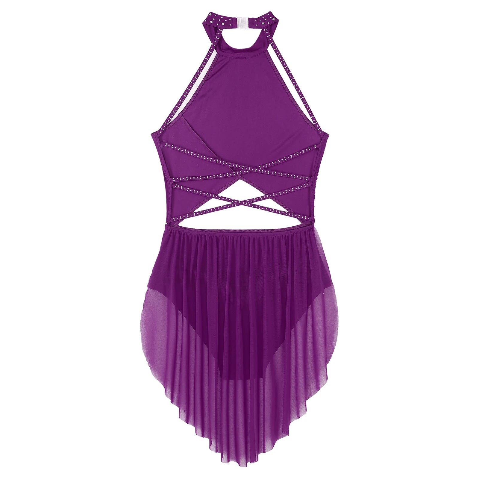 Womens Lyrical Dance Dress Performance Costume Cutout Strappy Backless Sheer Mesh Overlay Glittery Rhinestone Leotard Dress