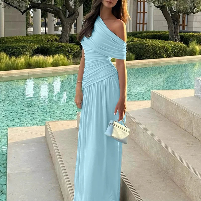 ELSVIOS Women’s High Waist Pleated Maxi Dress – Sexy One Shoulder Summer Party Dress