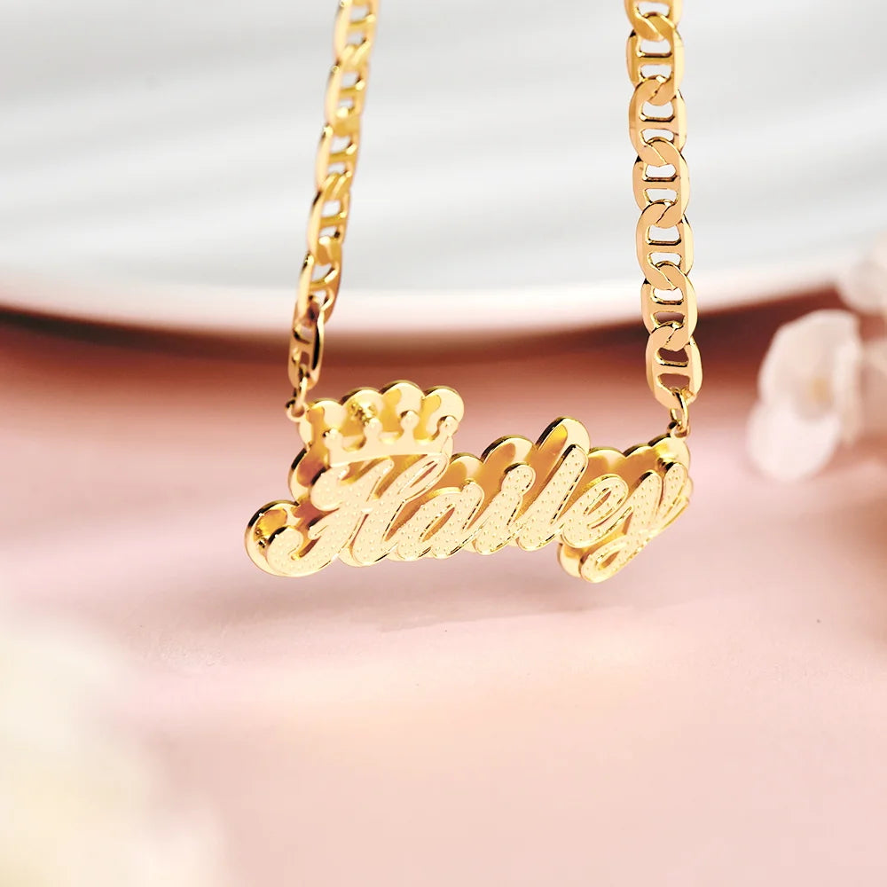 Necklace with Crown Personalized Double Layer Pendant Flat Chain Women's Stainless Steel Jewelry