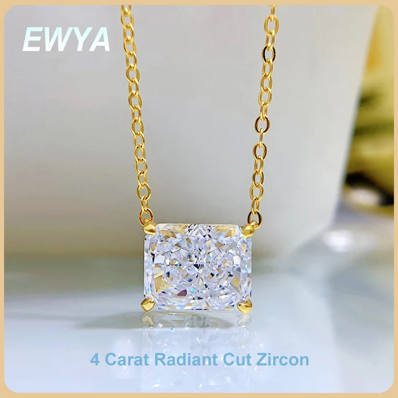 EWYA 4 Carat Radiant Baguette White Diamond Clavicle Necklace Simple Women's Lotus 925 Silver Necklaces for Women Fine Jewelry