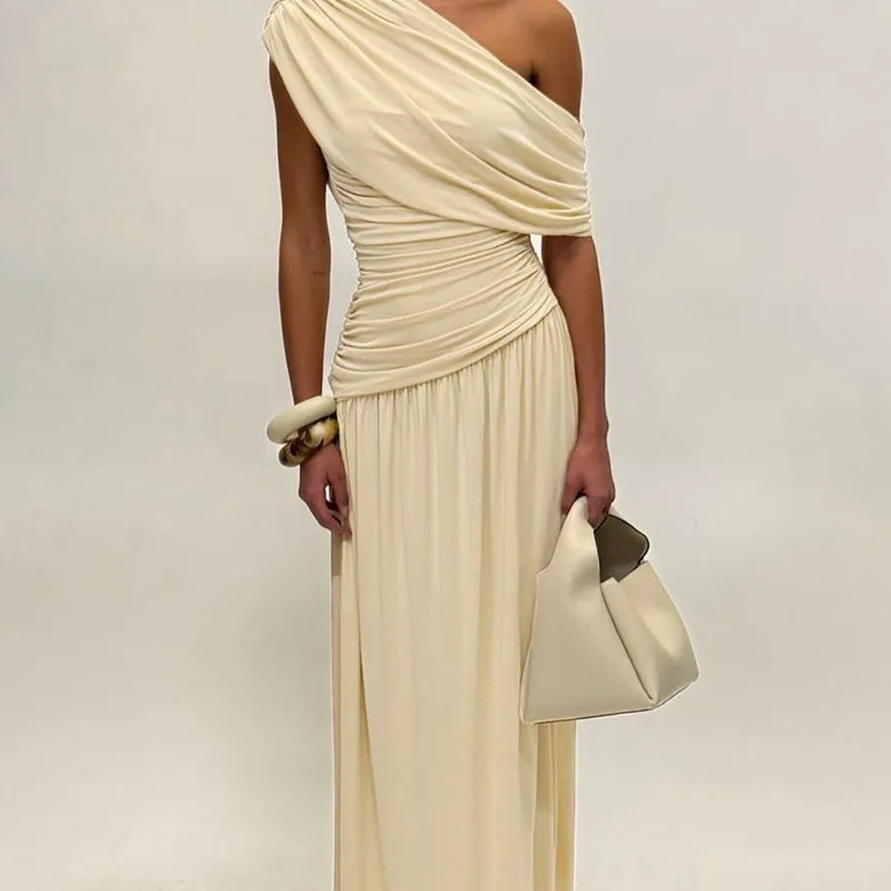 ELSVIOS Women’s High Waist Pleated Maxi Dress – Sexy One Shoulder Summer Party Dress