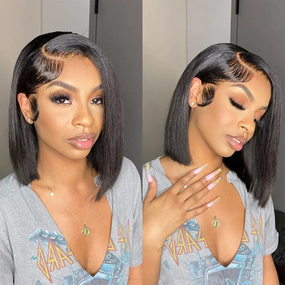 Glueless Wig Straight Short Bob Human Hair Wigs 13x4 HD Transparent Lace Frontal Peruvain Remy Hair Bob Glueless Wig