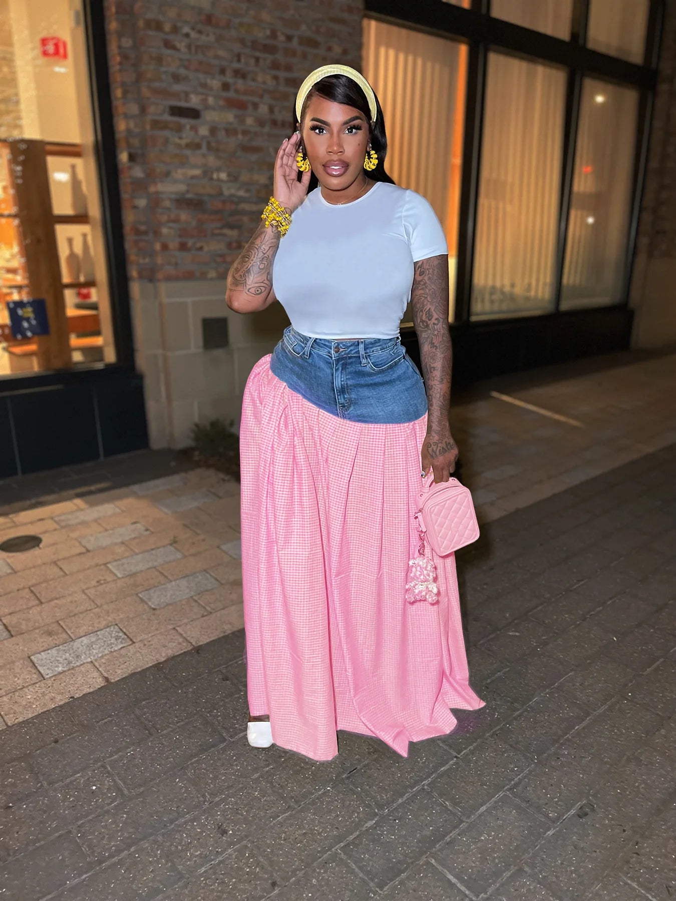 Fashion High Side Split Plaid Denim Patchwork Loose Maxi Long SkirtsSummer Streetwear Classic Party Skirt