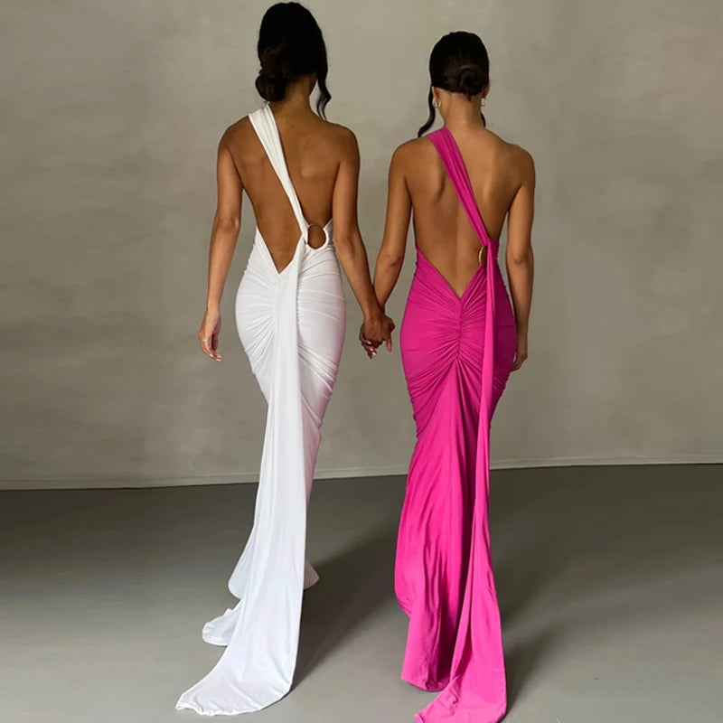 Dulzura Neon Y2K Clothes One Shoulder Sleeveless Backless Ruched Bodycon Maxi Dresses For Women Club Birthday Party Evening Prom