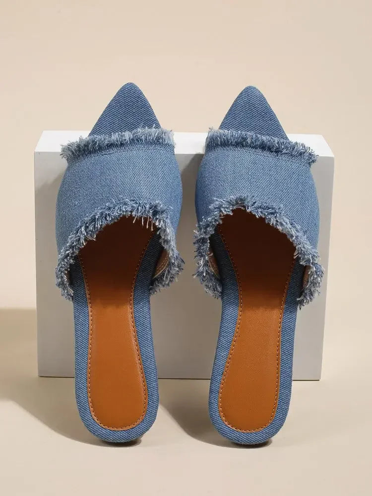 Women's Flat Stylish Beach Slippers, Denim Style, Summer Women's Pointed Cool Sandals Shoes for Women Zapatos Mujer