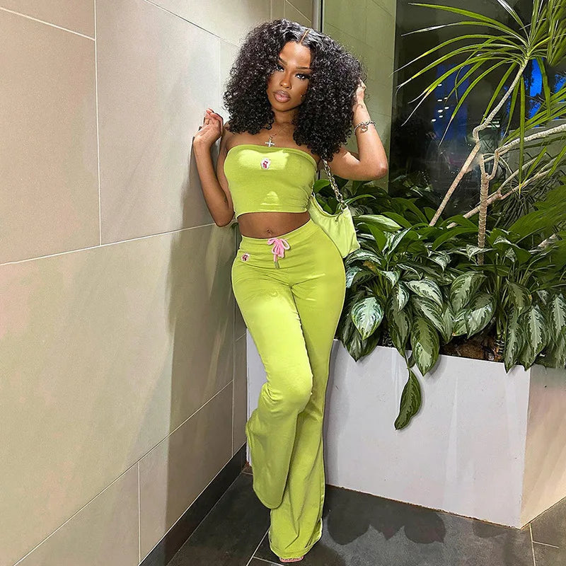 Simenual Y2K Green Floral Two-Piece Set – Strapless Tube Top & Flare Pants Co-ord Outfit
