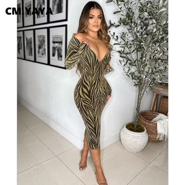 Women Featuer Print V-neck Long Sleeve Party Sexy Bodycon Midi Dress