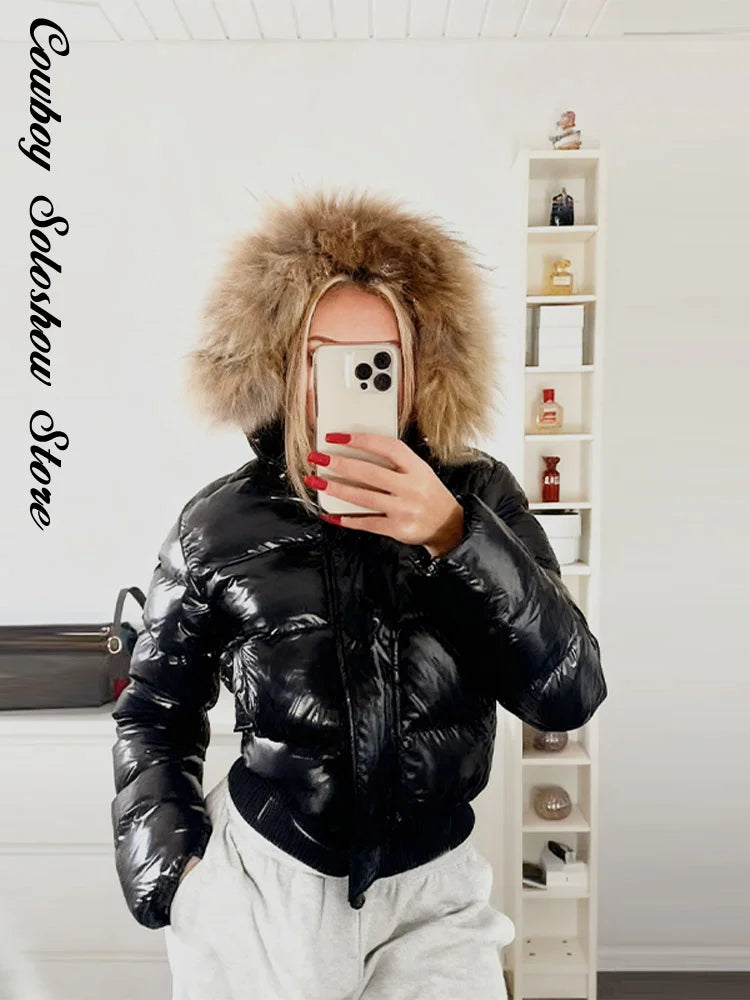 Women Glossy Surface Hooded Padded Jacket Fashion Faux Fur Zipper Cropped Jackets Lady