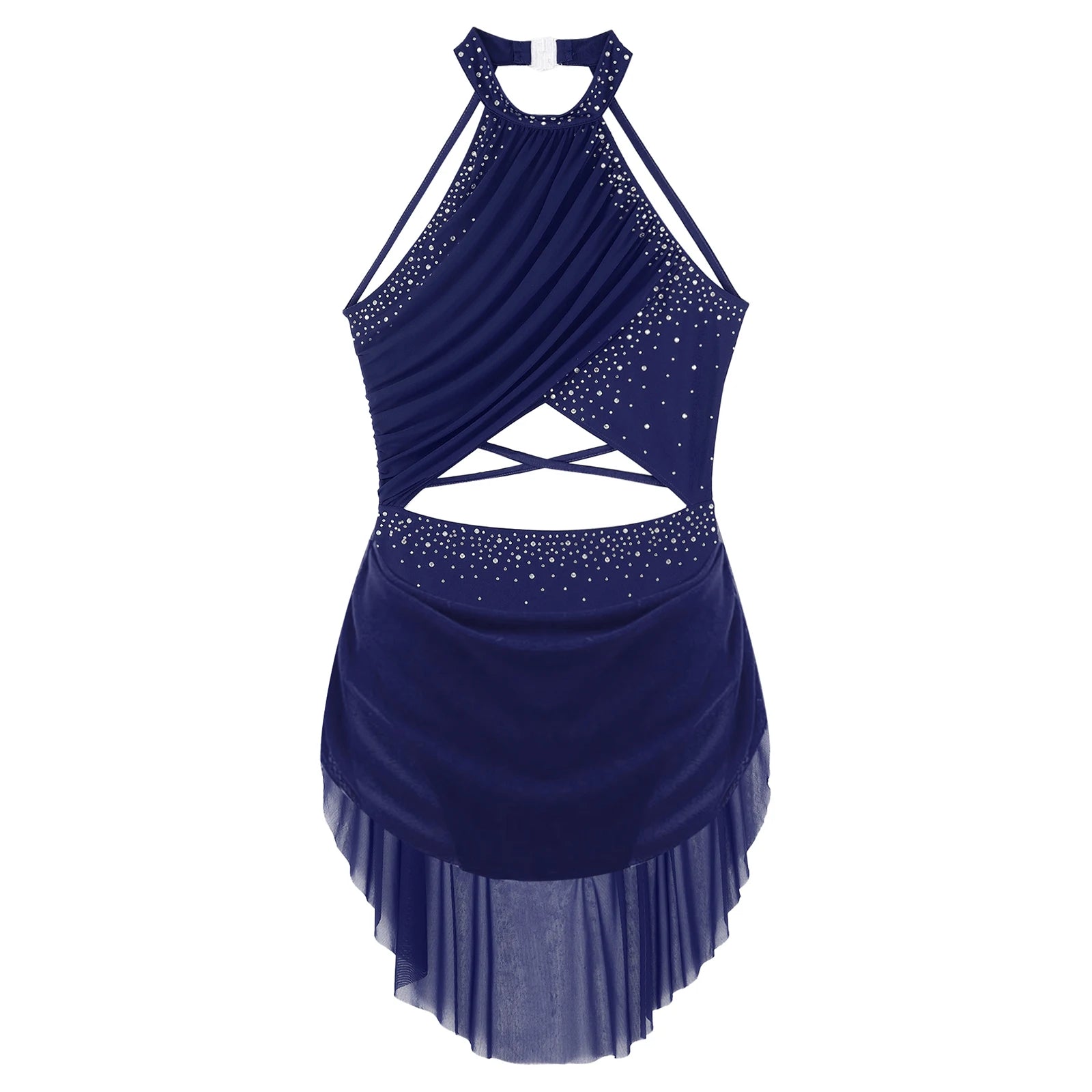 Womens Lyrical Dance Dress Performance Costume Cutout Strappy Backless Sheer Mesh Overlay Glittery Rhinestone Leotard Dress