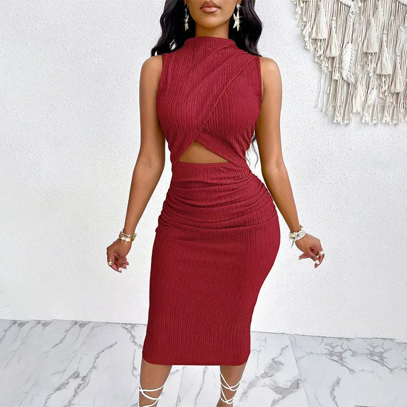 2024 New Black Style Women's Hollow Elastic Waist Frill Stretch Sleeveless Sheath Dress Women's Clothing Skirts Women's