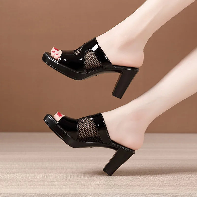Mesh Summer Heeled Slippers Ladies Shoes for Women Sandals Peep Toe Outside Women's Rubber Slipper Female Platform Sandals