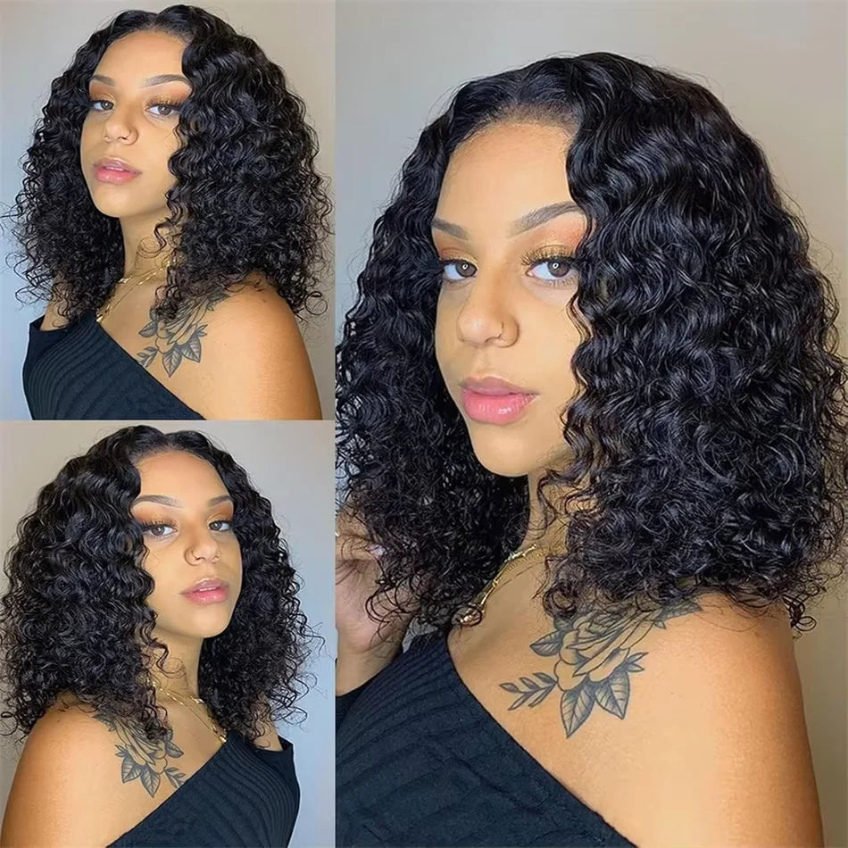 Water Wave Curly 13x4 Frontal Bob Wig 100% Human Hair Natural Black 250% Density For Black Women