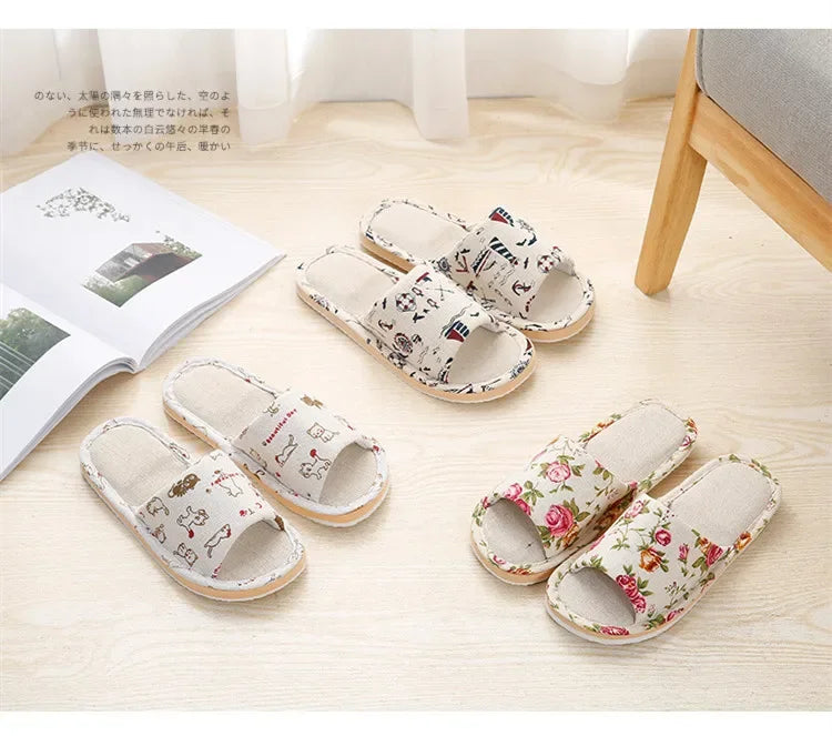 Four Season Linen Home Slippers – Women’s Indoor Non-Slip Floral Slides with Cartoon Cat Design