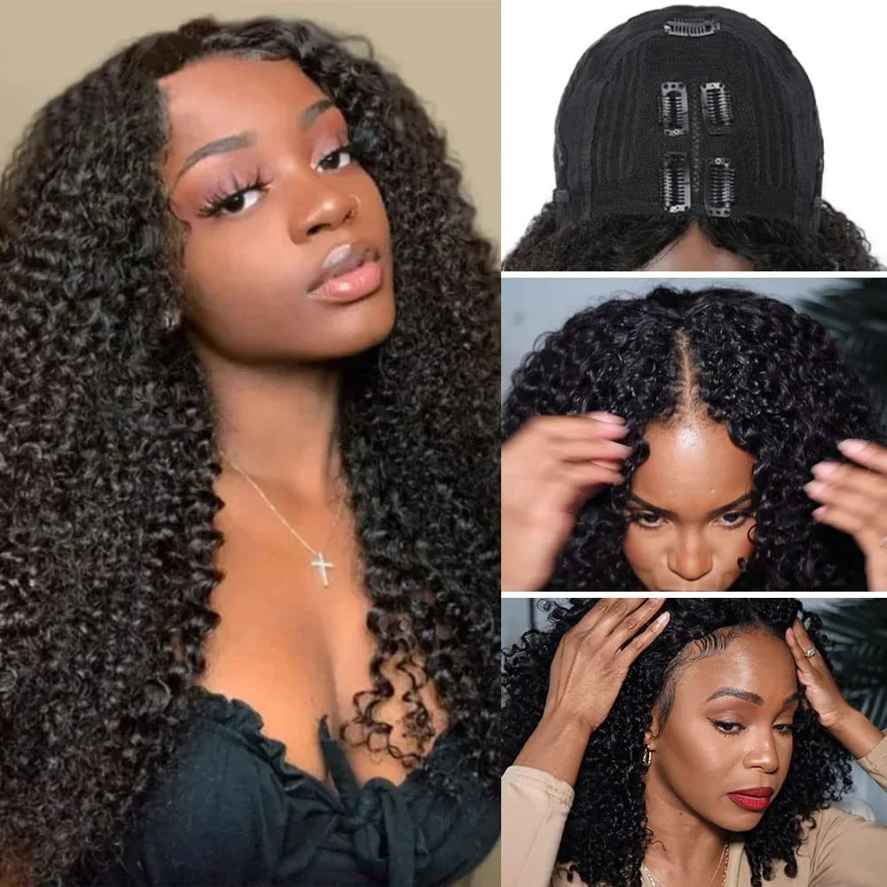 Afro Kinky Curly V Part Wig Human Hair 200% Afro Curly V Part Wig 10-24 Inch Full Machine Made  Remy Hair V Part Wig For Women