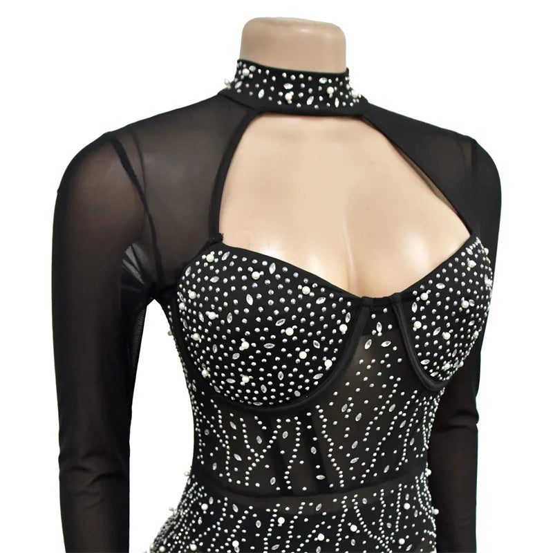 Luxury Autumn Women Skinny Diamonds Sparkly Sheer Mesh Jumpsuits Cut Out Rhinestone Black Sexy Party Evening Jumpsuit Rompers