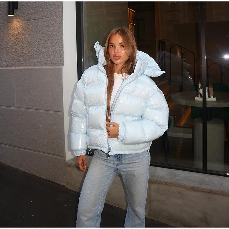 Women Glossy Surface Hooded Padded Jacket Fashion Faux Fur Zipper Cropped Jackets Lady