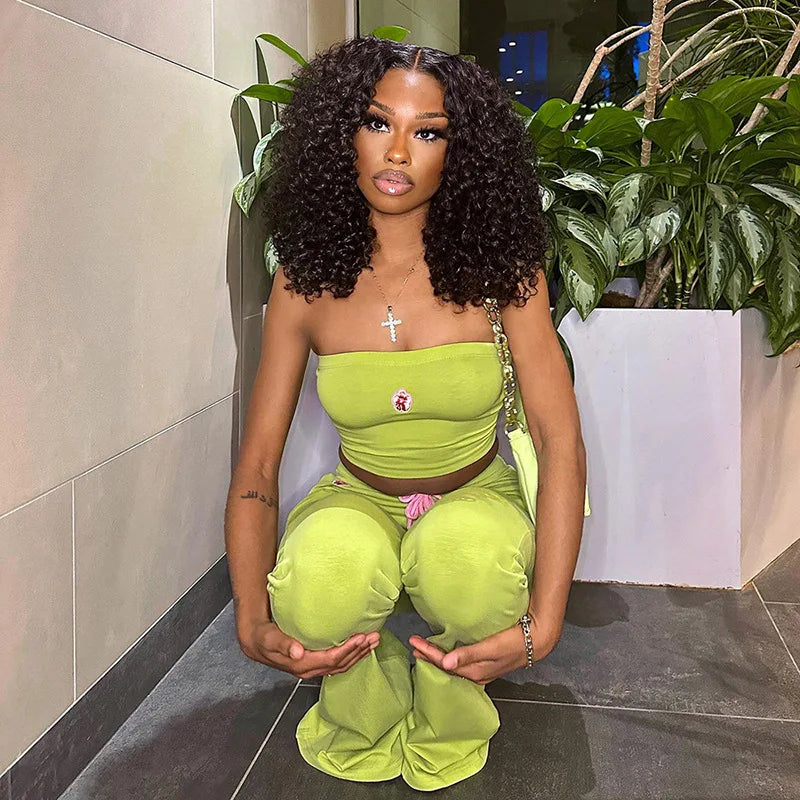 Simenual Y2K Green Floral Two-Piece Set – Strapless Tube Top & Flare Pants Co-ord Outfit