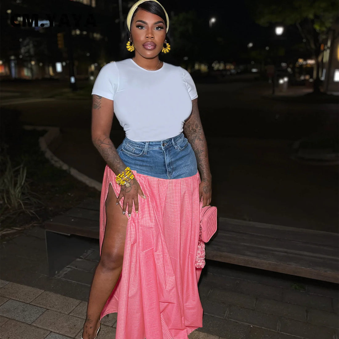 Fashion High Side Split Plaid Denim Patchwork Loose Maxi Long SkirtsSummer Streetwear Classic Party Skirt