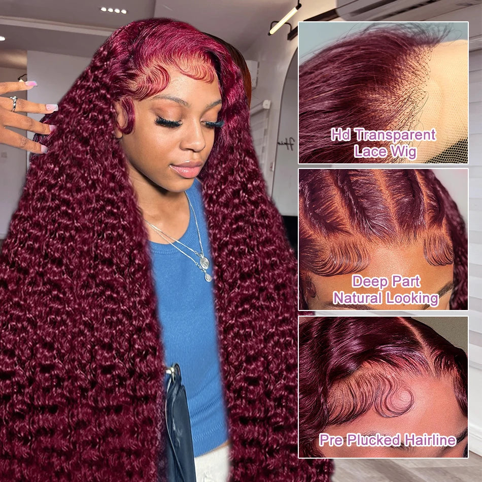 40 Inch 99J Burgundy Deep Wave 13x6 HD Lace Front Wig 250% Red Colored Curly 13x4 Lace Frontal Human Hair Wigs For Women