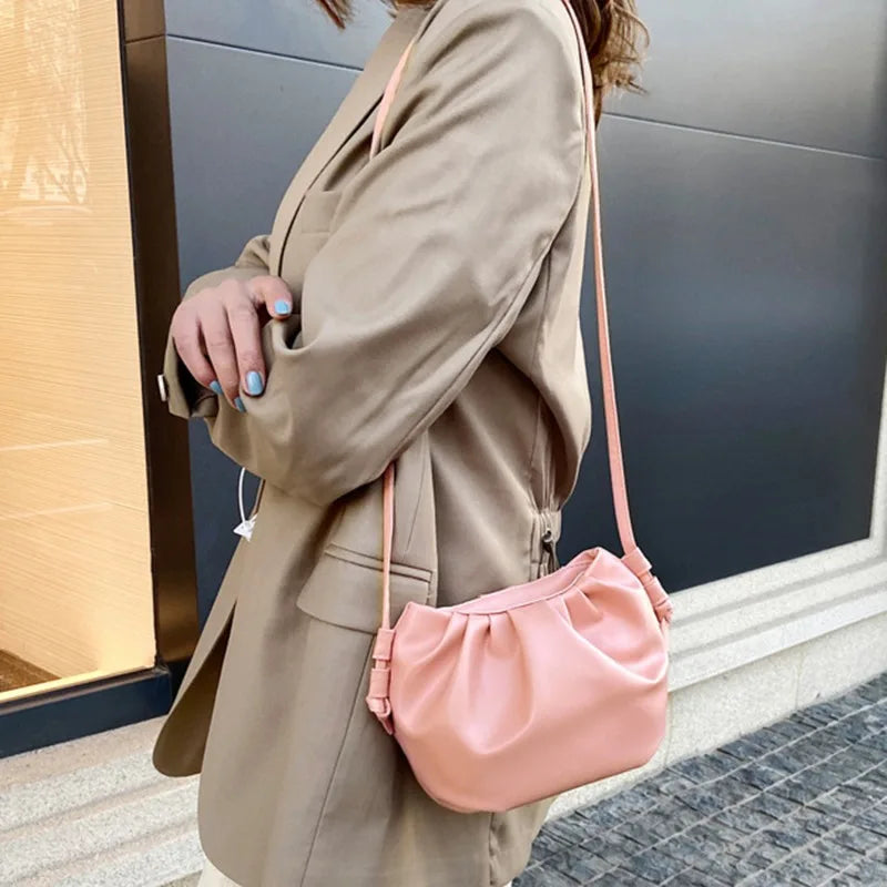 Women’s Pleated Cloud Shoulder Bag – Mini Solid Color Crossbody Handbag with Zipper