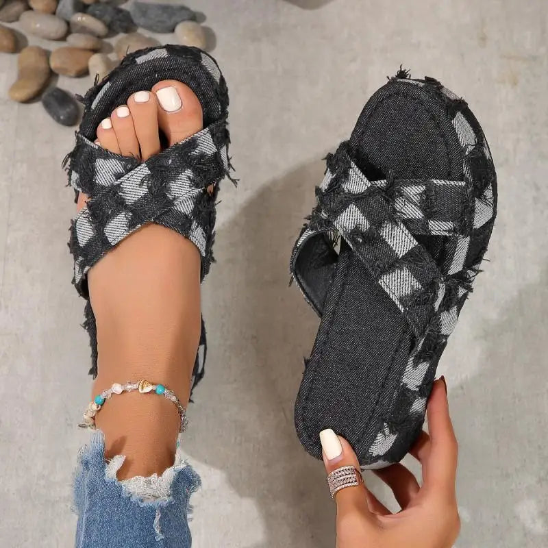 Women Denim Slides Summer Sandals Women's Slip on Wedges Platform Casual Open Toe Fashion Jeans Canvas