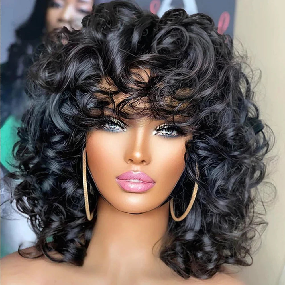 Short Curly Bob Wig with Bangs – 100% Brazilian Remy Human Hair, Glueless Machine-Made Afro Wig