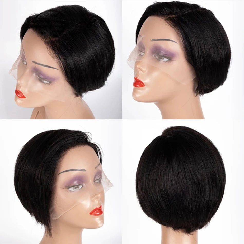 Short Pixie Cut Wigs Straight Human Hair Bob Wigs Brazilian 13*1 Transparent Lace Front Wigs For Women Natural Color