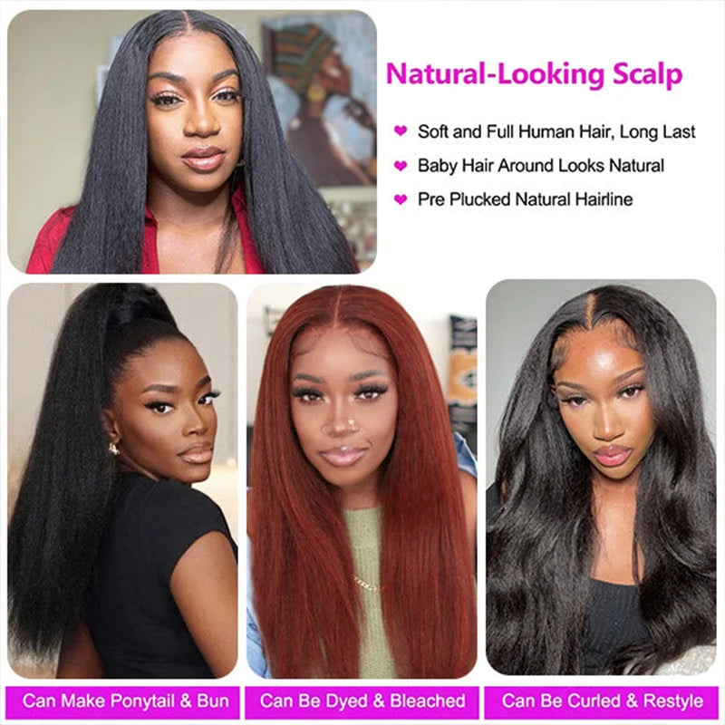 Transparent Kinky Straight 13x6 Lace Frontal Wigs Yaki Straight Human Hair Wig Pre Plucked Remy Lace Closure Wig 250 Density