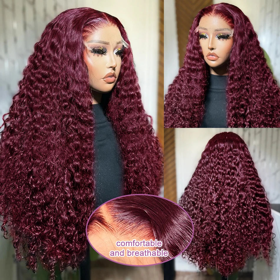 40 Inch 99J Burgundy Deep Wave 13x6 HD Lace Front Wig 250% Red Colored Curly 13x4 Lace Frontal Human Hair Wigs For Women
