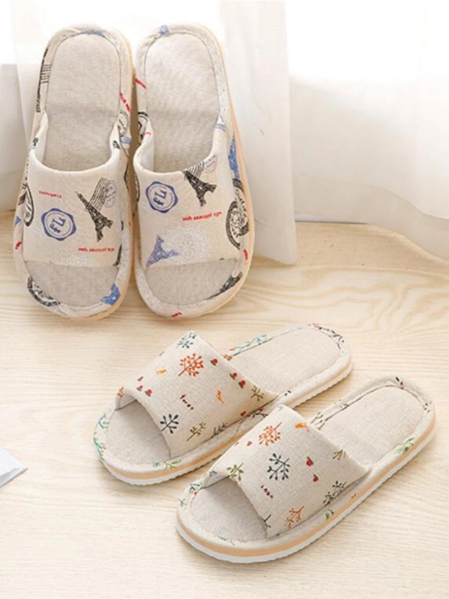 Four Season Linen Home Slippers – Women’s Indoor Non-Slip Floral Slides with Cartoon Cat Design