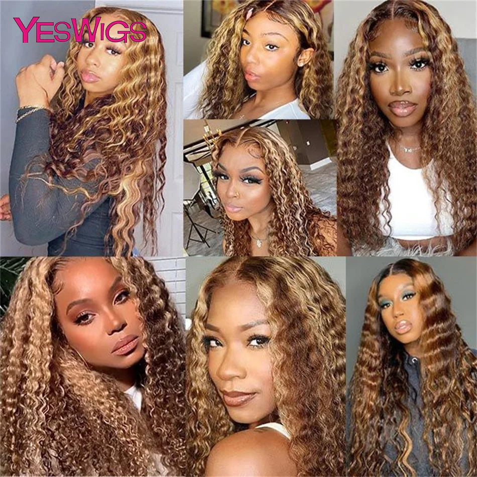 HD 13x6 Brown Lace Front Wig Honey Blonde Colored Curly Human Hair Wigs Highlight Wig Human Hair 13X4 Deep Wave Lace Frontal Wig
