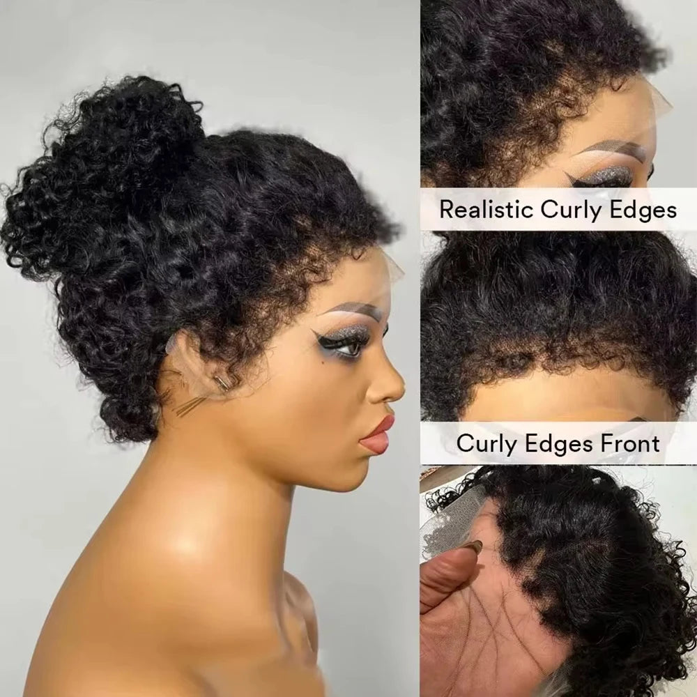 Short Bob Kinky Curly Human Hair Wig – 4C Edges Lace Front & 4x4 Closure, Transparent Lace Natural Hairline (100% Remy)