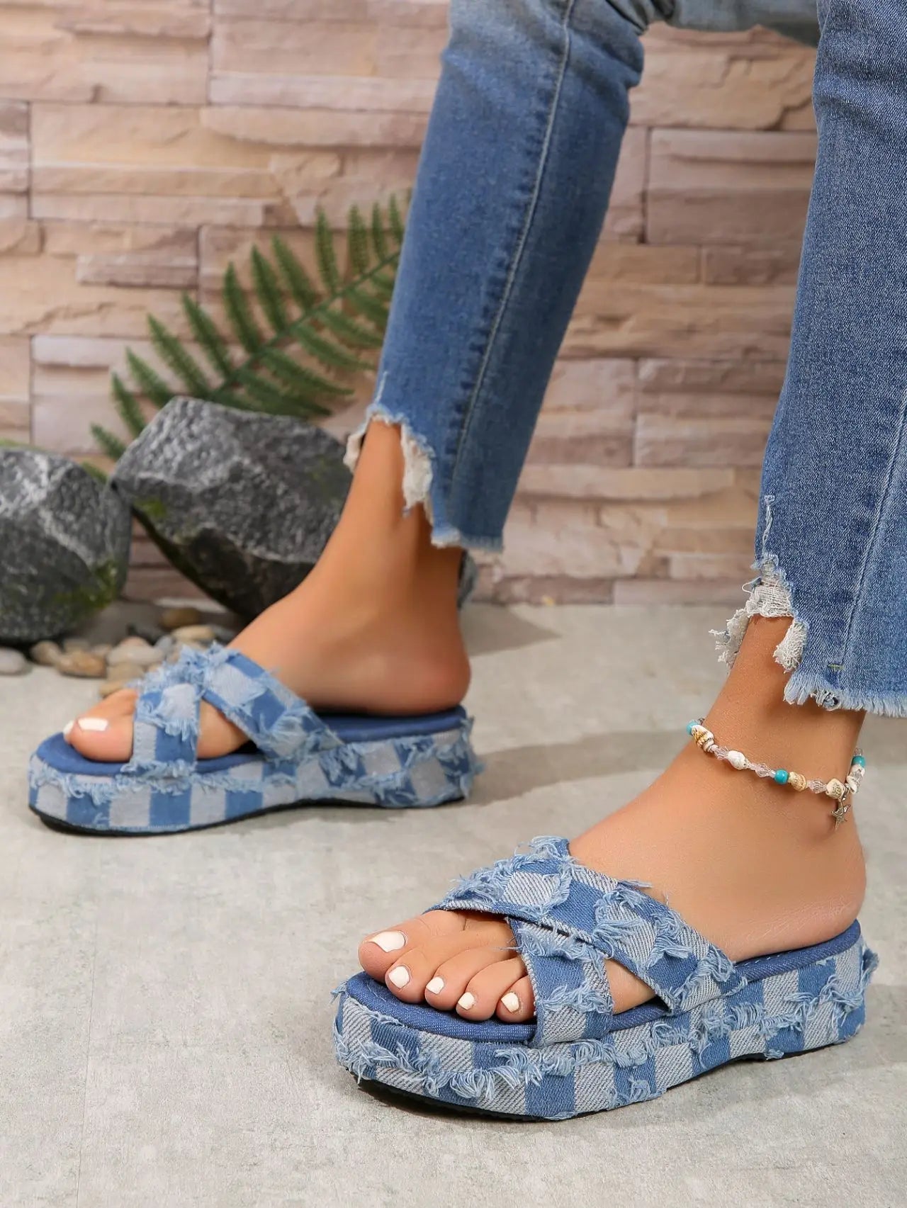 Women Denim Slides Summer Sandals Women's Slip on Wedges Platform Casual Open Toe Fashion Jeans Canvas