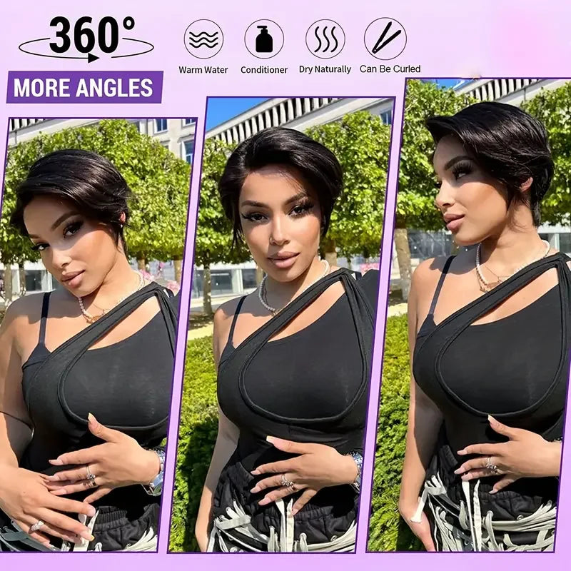 Short Pixie Cut Wigs Straight Human Hair Bob Wigs Brazilian 13*1 Transparent Lace Front Wigs For Women Natural Color